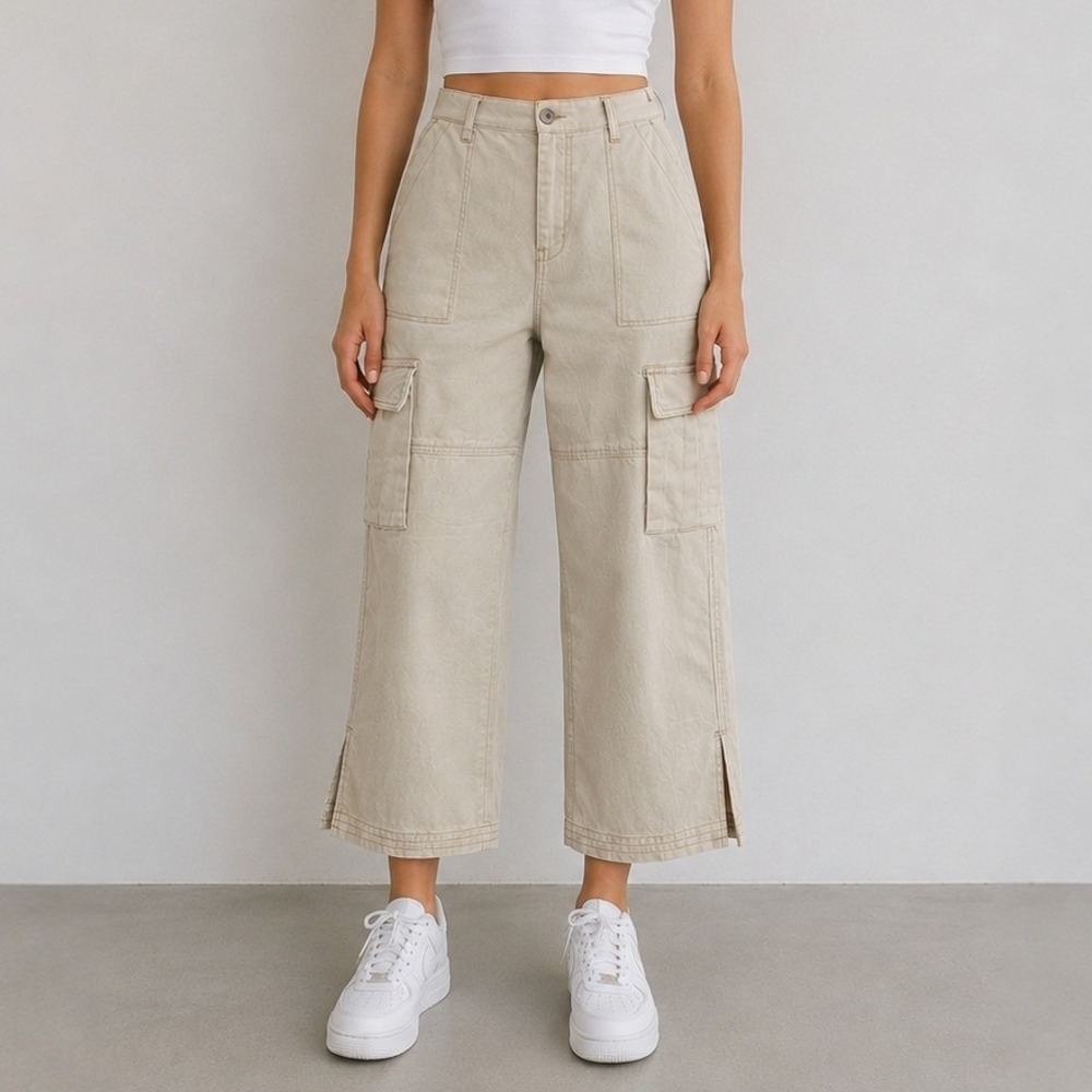 Kensie The Ella Cargo Pants 14/32 Beige High Rise Straight Streetwear Casual